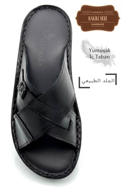 lil amore Genuine Real Leather Men's Slippers Lightweight Slippers Leather T Black