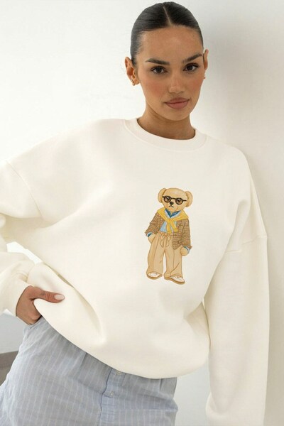 The Champ Clothing Femei supradimensionat Swea tricou Gentleman Bear 3D cu imprimeu Alb – guler rotund , 3 fire cu borduri