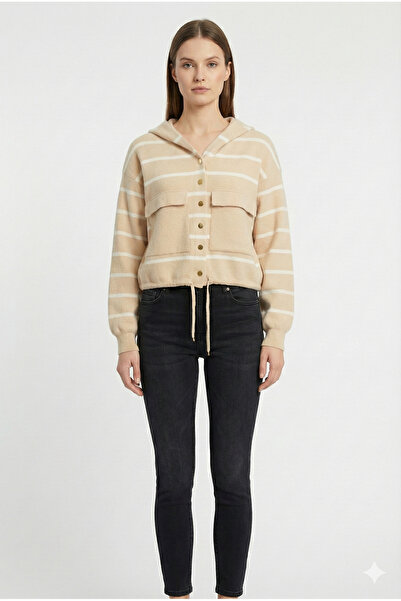 Robin T94600 Cep Detaylı Kapşonlu Çizgili Dokuma Kadın Hırka Camel-Ekru