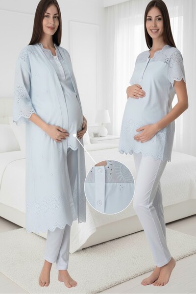 BLACKMORE طقم بيجامة نسائي من 3 قطع من الكتان والقطن الأزرق من فيسكو مع ثوب ن...