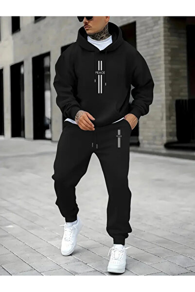 AEMİ Unisex Peace Printed Hooded Sweatshirt and Jogger Sweatpants - Bottom To...