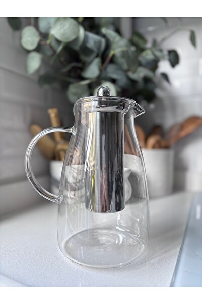 fafa home Cam Metal Süzgeçli Isıya Dayanıklı Detoks Sürahisi & Bitki Çayı Karafı 1.5 L