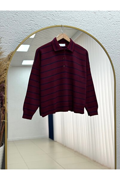 BENAHOLL Emsal 3 Button Fine Striped Knit Sweater-Zi̇5264 Burgundy