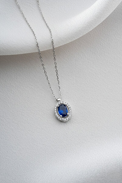 Two Arts Kadın 925 Ayar Gümüş Safir Eylül Doğum Taşlı Baget Kolye Oval | 925 ...