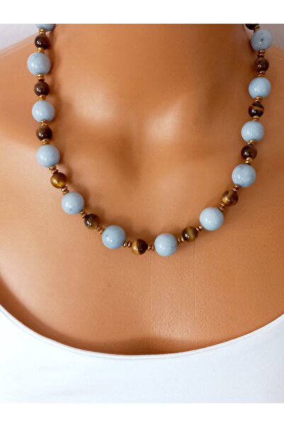 LemaStone Necklace Real Natural Stone Tiger Eye and Ceyt Aquamarine Design Pendant