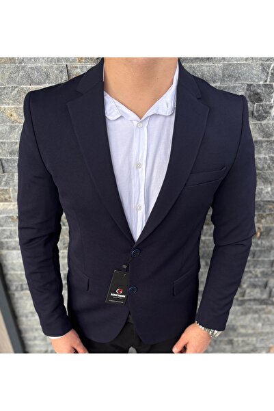 SABRİ ZENGİN Erkek Lacivert Slim Fit Çift Düğme Blazer Ceket