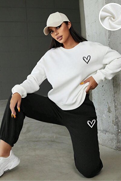 CAST COLLECTİON Women's Heart Printed Crew Neck Tracksuit Set