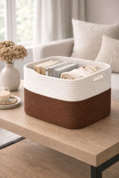 MaVaux Nesto Decorative Jute Wicker Rope Basket 34X28X24 cm Multi-Purpose Organizer Rectangular Shape