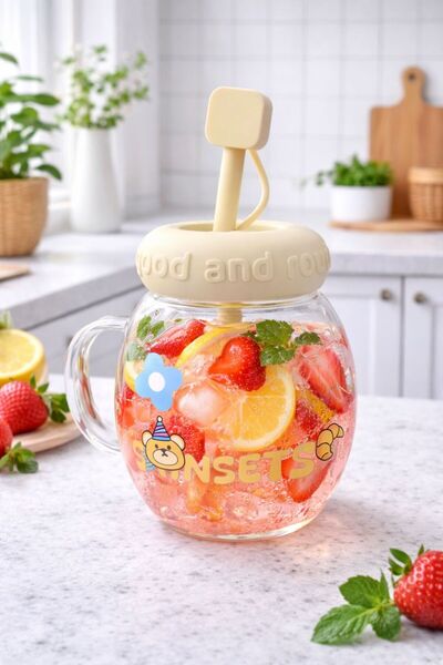 NEWNOW Cutemood Glass Mug with Straw and Lid |   Cute Design, Cold Drink and Detox Water Cup Ecru