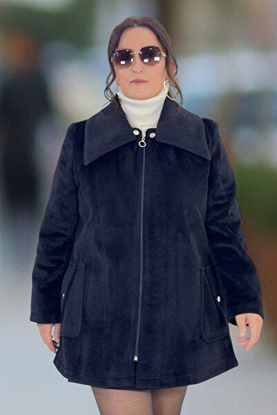 yagmurberen Fox Fabric Zippered Detachable Collar Detail Plus Size Short Coat