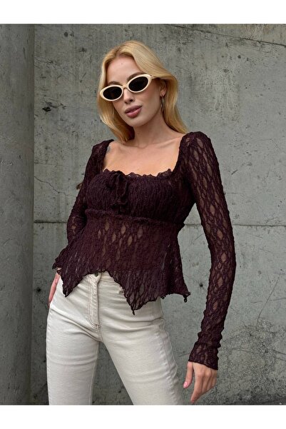 cemo Kare yakalı Büzgülü Dantel Asimetrik Kloş Etek Ucuyla. Bluz,