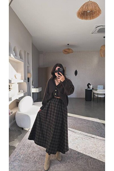 Butik Beyza Yüksek Bel Ekose Uzun Etek Poliviskon Kumaş