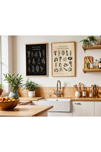 Peppy Rooms Modern İkili Mutfak Çerçeveli Tablo Seti |Vegetable &Herb Garden|Rustik,Dekor,İskandinav