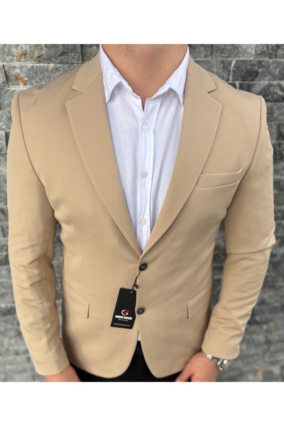 SABRİ ZENGİN Erkek Bej Slim Fit Çift Düğme Blazer Ceket