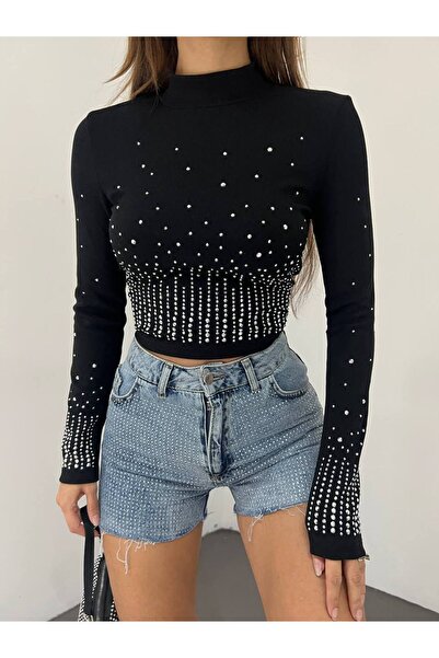 DİLARA GİYİM Yarım Balıkçı Yaka Taş Baskılı Crop Kazak