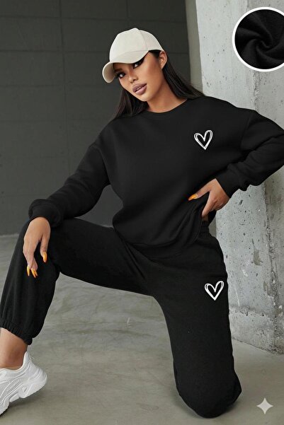 CAST COLLECTİON Set de trening negru cu imprimeu inimă pentru femei