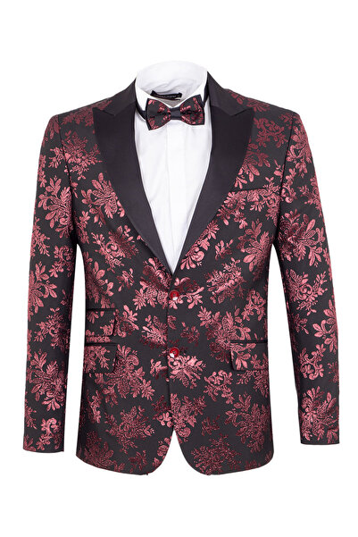OSCAR BANKS Bordo Siyah Jakarlı Slim Fit Erkek Ceket - Çift Düğmeli & Papyonlu