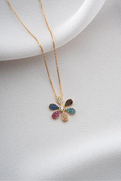 Two Arts Kadın 925 Ayar Gümüş Renkli Çiçek Kolye | 14K Altın Kaplama