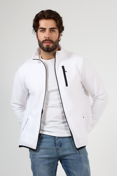 BEDUCA White Zippered Men's Fleece with Pockets, Anti-Pilling Fleece Cardigan