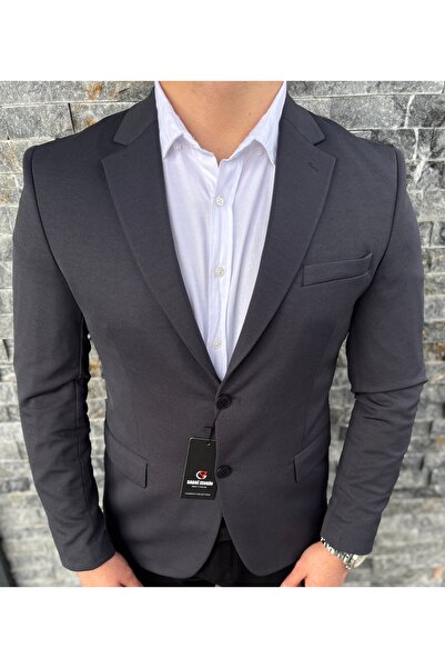 SABRİ ZENGİN Erkek Antrasit Slim Fit Çift Düğme Blazer Ceket