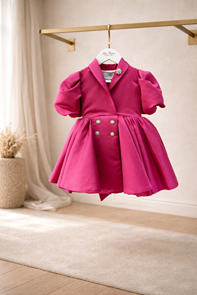 She Dress By Kubra Aksoy Kız Çocuk Fuşya Abiye Elbise – Kruvaze Yaka, İnci Dü...