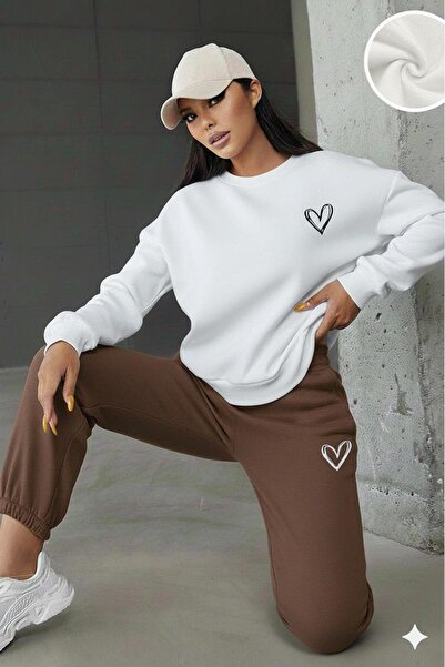 CAST COLLECTİON Women's White Heart Printed Crew Neck Brown Tracksuit Set