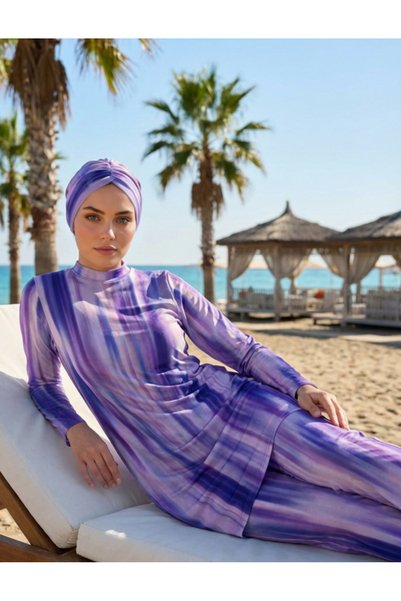 QYMOS PRIVE Batik Patterned Sun-Protective & Bronzing Air-Permeable Full-Coverage Hijab Swimsuit with Scarf