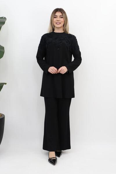 Orhan Peluş Garnili İkili Takım - Siyah