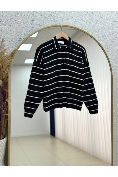 BENAHOLL Emsal 3 Button Pinstripe Knitwear Sweater-Zi̇5264 Black