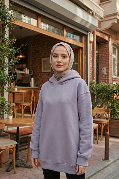 Zeneva Collection Mor Pamuklu Kapüşonlu 3 İplik Şardonlu Kalın Sweatshirt