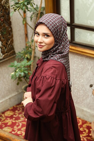Tesettürnağme Eșarfă EcoZen TN2108 Model geometric 10-Burgundy-Negru-Gri