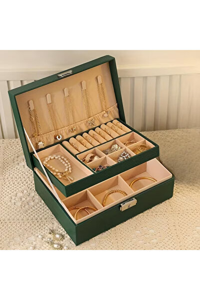 MSALIŞVERİŞ Velvet Green, Two-Layer Lockable Jewelry Box