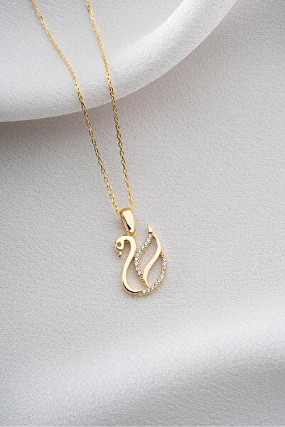 Two Arts Kadın 925 Ayar Gümüş Kuğu Kolye | 14K Altın Kaplama