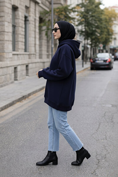 Zeneva Collection Lacivert Pamuklu Kapüşonlu 3 İplik Şardonlu Kalın Sweatshirt