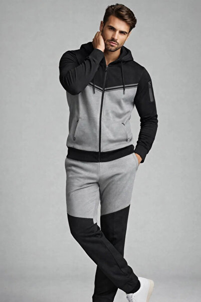 COMBİNE MİCHAİL Men's Zippered Hooded Gray Tracksuit Set