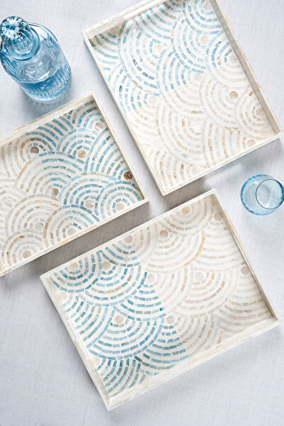 Koza Home Meander Mother-Of-Pearl Mosaic Cream Blue 3-Piece Decorative Tray 4328