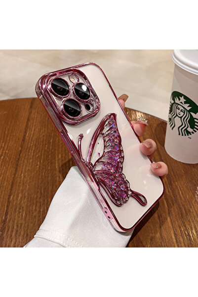 Goldie Case İphone 16 Plus Uyumlu Sulu/Simli Tek Kelebek Kanatlı Darbe Emici ...