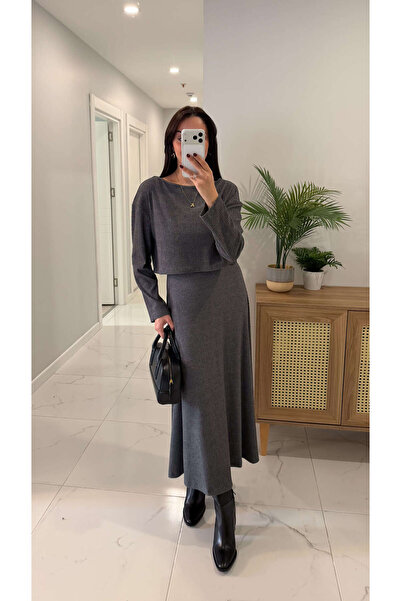 BİRCANÇİL Terisa Anthracite Corded Fabric Knitted Blouse Dress Set