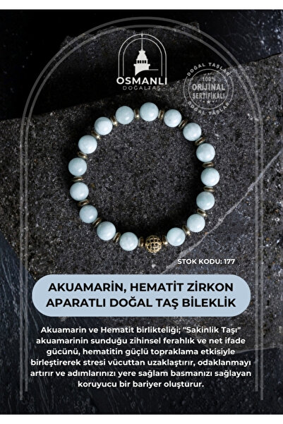 OSMANLI DOĞAL TAŞ Certified Aquamarine, Natural Stone Bracelet with Hematite ...