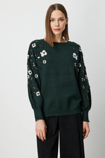 ON Women's Floral Embroidered Balloon Sleeve Knitwear Sweater 60358 Green