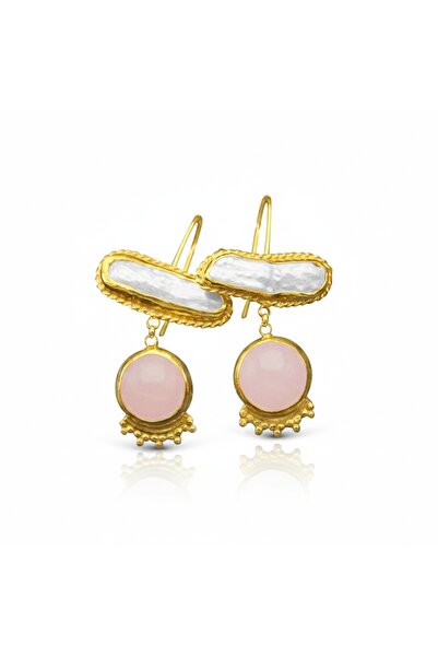 makeitbylove El Yapımı İnci ve Pembe Kuvars Küpe, 925 Ayar Gümüş, Güneş Kolek...