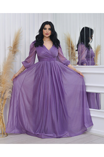 Helen Fashion Simli Tül Abiye Lila Rengi