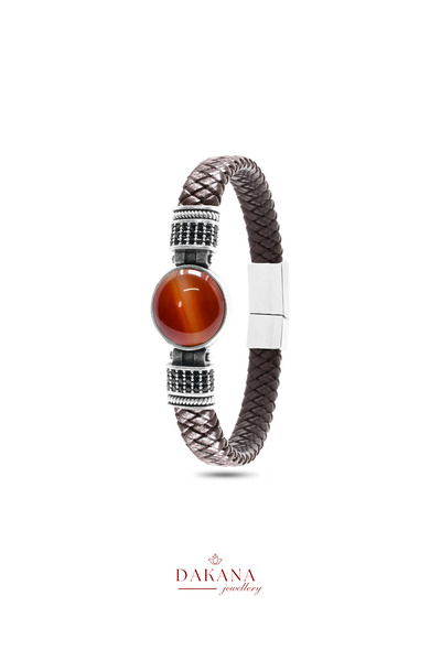 DAKANA JEWELLERY Certified Round Red Agate Stone Zircon Inlaid Brown Natural ...