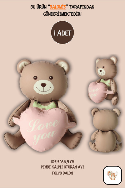 BALOMİS Pembe Kalpli Oturan Ayı Şekilli Folyo Balon 105,5×66,5 cm