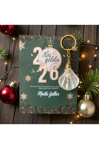 Poros Store 1 adet İnci İstiridye Hediyelik Anahtarlık Yılbaşı Dizaynlı Kart
