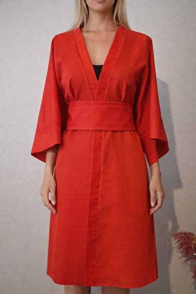 HanaWear Kiremit Rengi Kimono V Yaka Kuşaklı Sabahlık