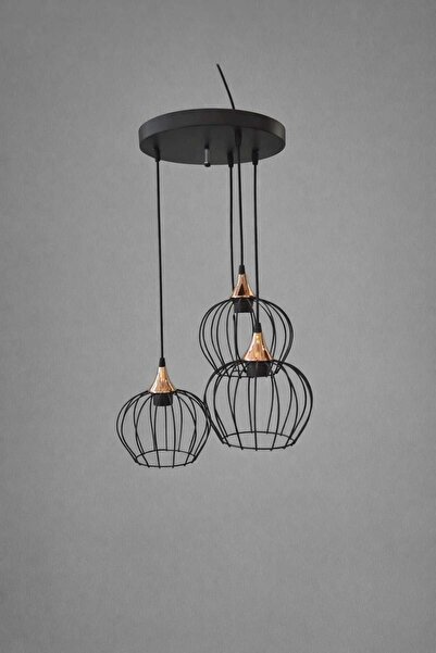 PERİ MODERN ENDÜSTRİYEL 3'LÜ TEL KAFES SARKIT AVİZE - SİYAH / BAKIR DETAY