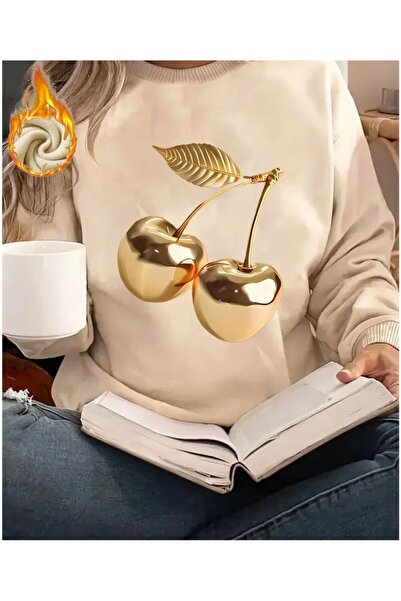 herkesemoda Detaliu de imprimare cu cireșe aurii guler rotund Swea tricou