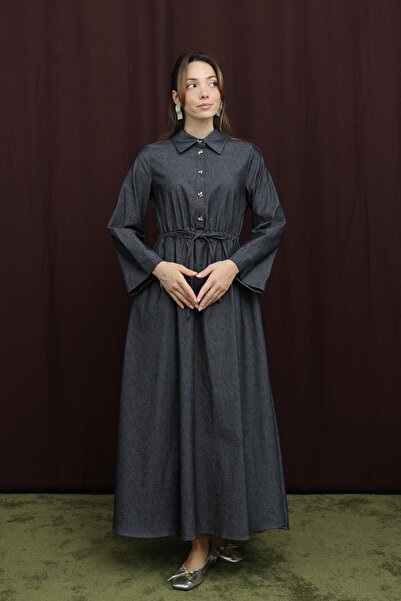 Loreen Kadın Yakası Pile Detaylı Kuşaklı Elbise - 20703ELB - NAVY