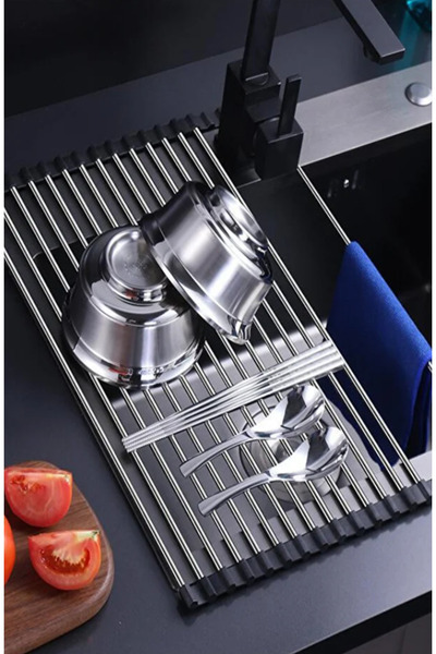 MyTechCat ® Evye Üstü Katlanır Nihale Paslanmaz Çelik Pratik Sebze Meyve Bulaşık Kurutma Süzgeci